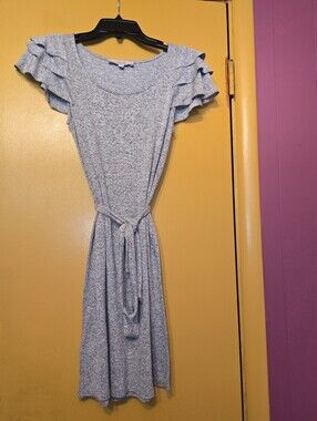 LOFT Heathered Light Gray Ruffle-Sleeve Tie-Waist Midi Dress